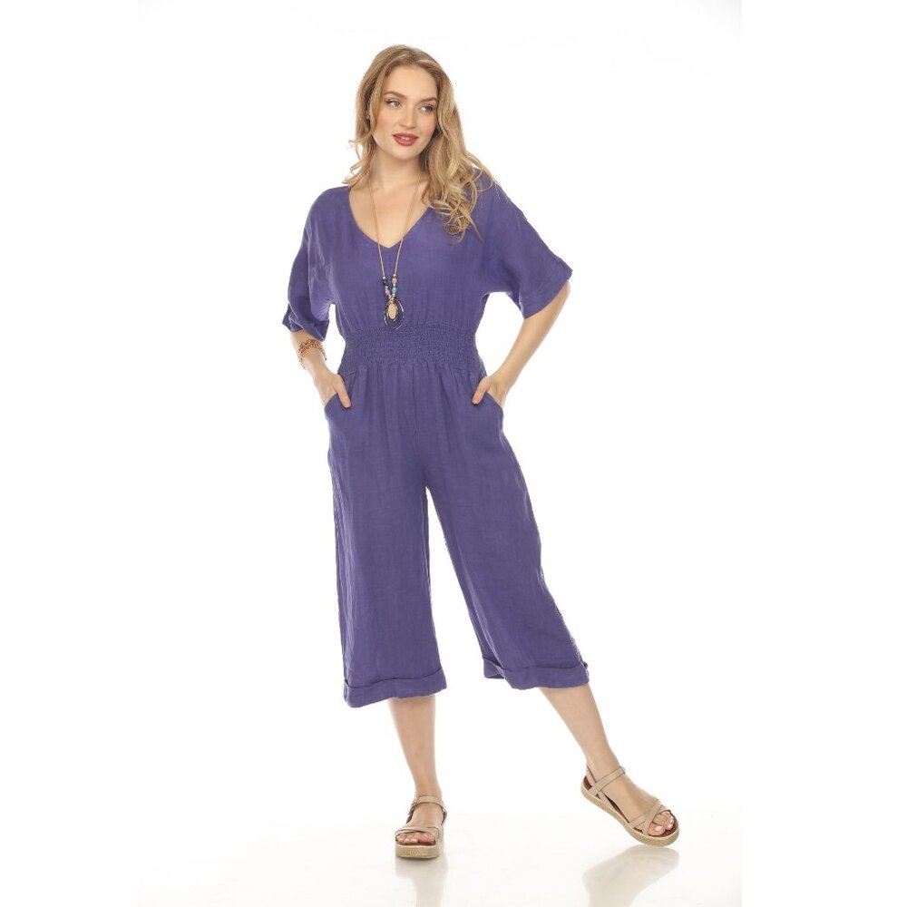 Purple Half Sleeves Elastic Waist Jumpsuit